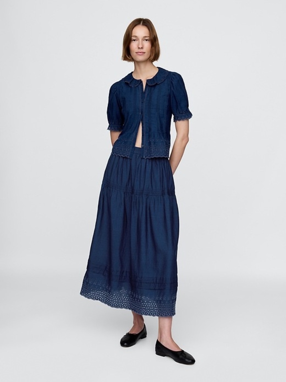 Gap × DÔEN Eyelet Midi Skirt Size Medium Indigo Blue Cotton A-Line Cottagecore - Picture 2 of 14